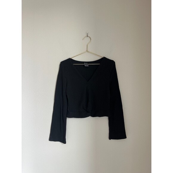 8 by YOOX Women's Twist Front V-Neck Long Sleeve Top in Black Size LARGE - Picture 1 of 5